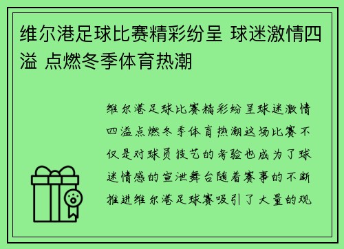 维尔港足球比赛精彩纷呈 球迷激情四溢 点燃冬季体育热潮